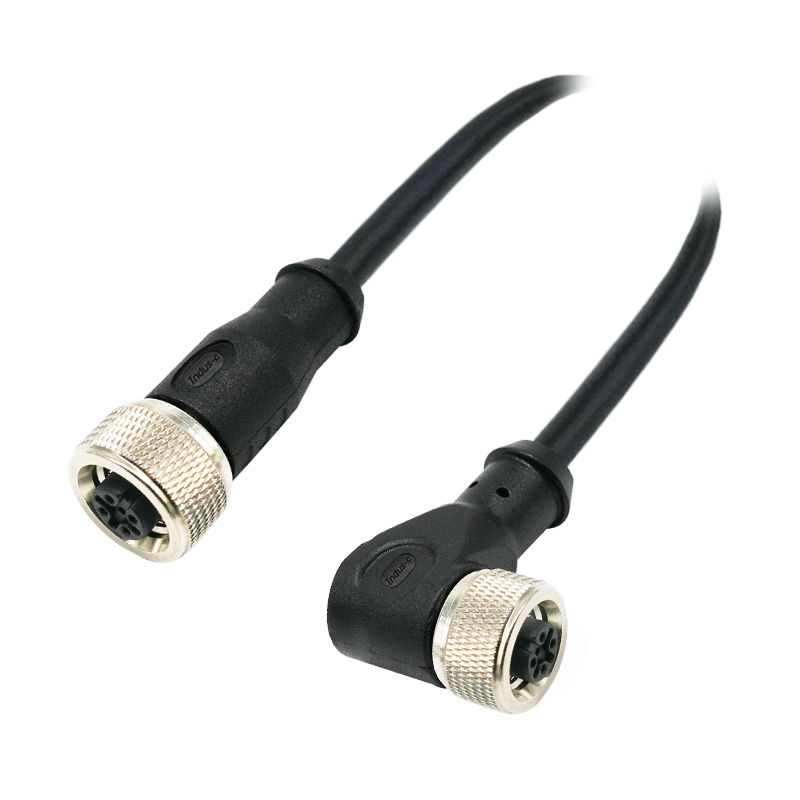 Push-pull m12 3pins A code female straight to female right angle molded cable,unshielded,PVC,-40°C~+105°C,22AWG 0.34mm²,brass with nickel plated screw